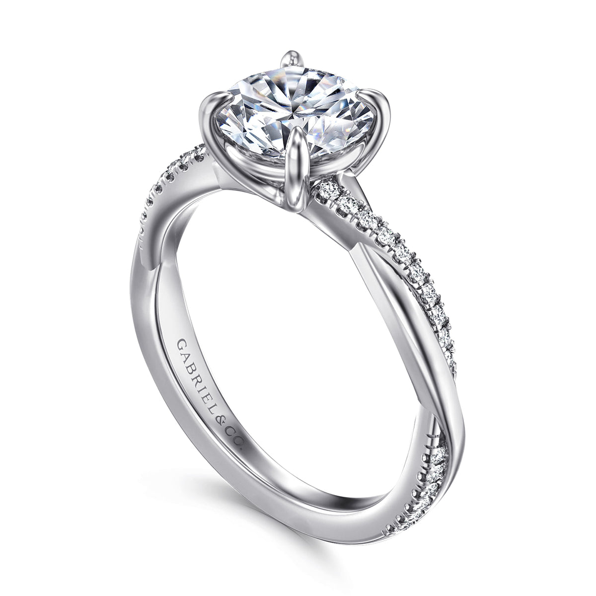 14K White Gold Round Twisted Diamond Engagement Ring — Gabriel & Co. ER14922R6W44JJ; center stone shown for illustration, not included