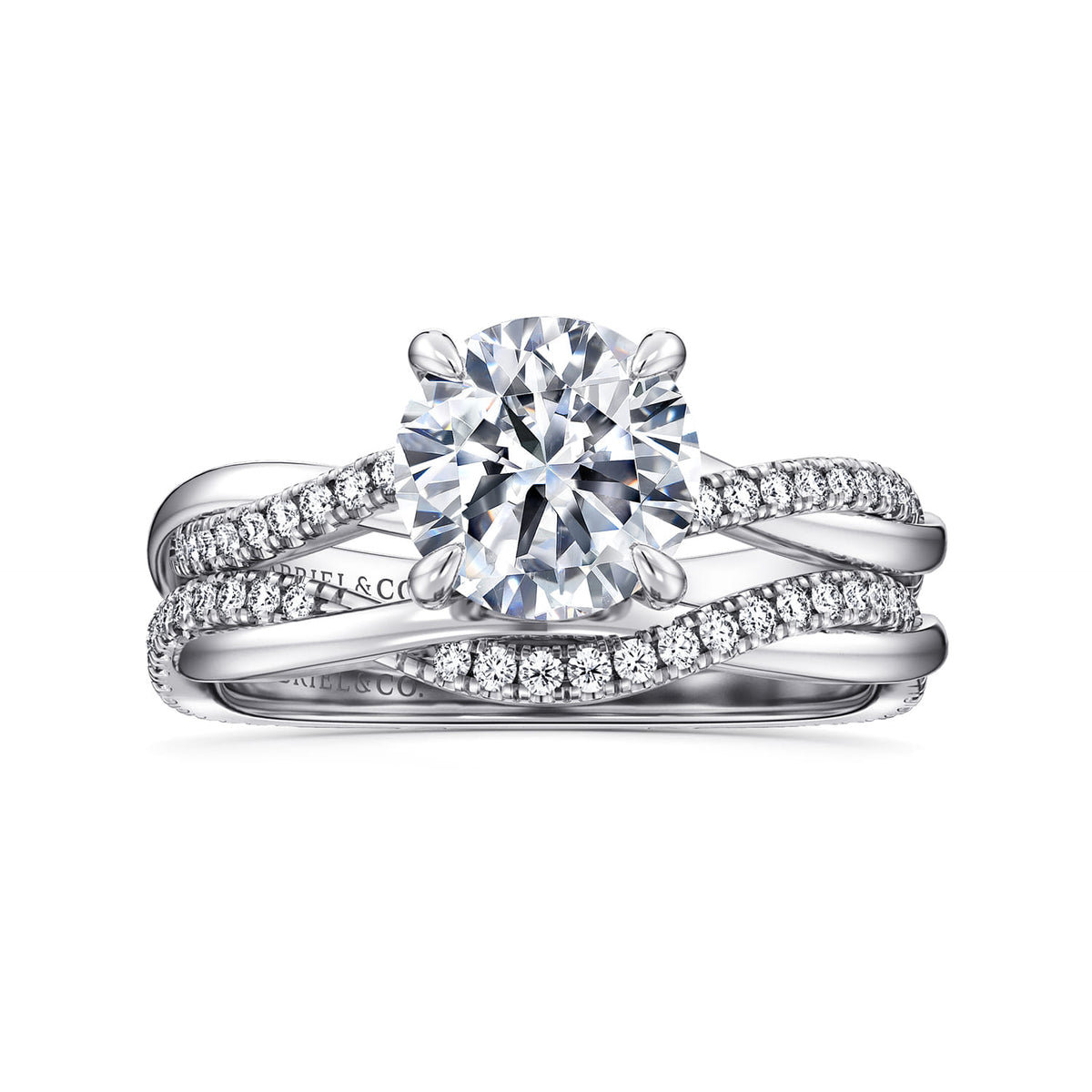 14K White Gold Round Twisted Diamond Engagement Ring — Gabriel & Co. ER14922R6W44JJ; center stone shown for illustration, not included