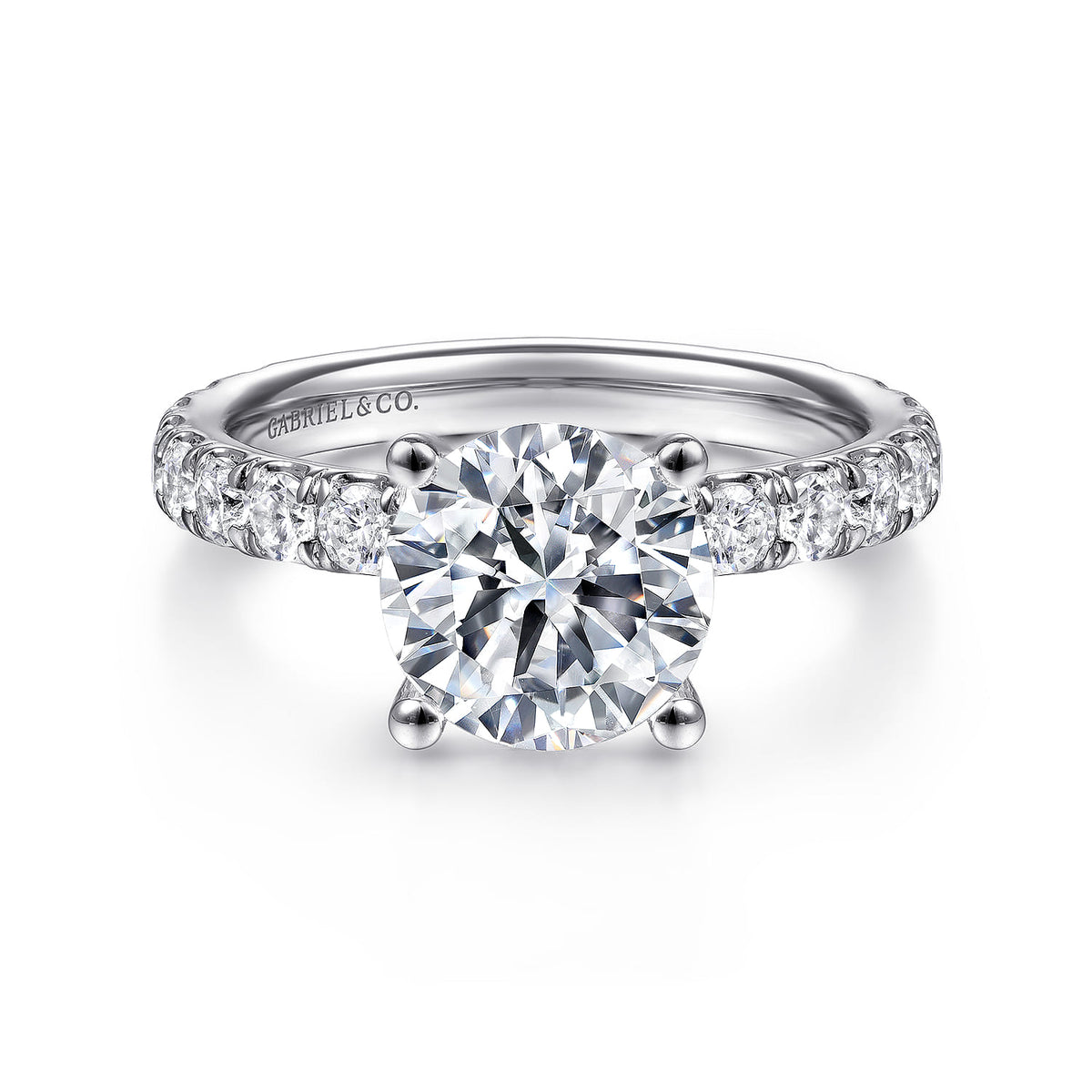 14K White Gold Round Diamond Engagement Ring — Gabriel & Co. ER14941R8W44JJ; center stone shown for illustration, not included