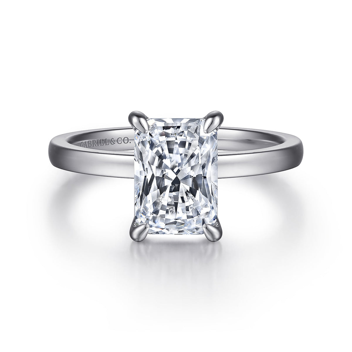 14K White Gold Rectangular Radiant Cut Diamond Engagement Ring — Gabriel & Co. ER14982N8W4JJJ; center stone shown for illustration, not included