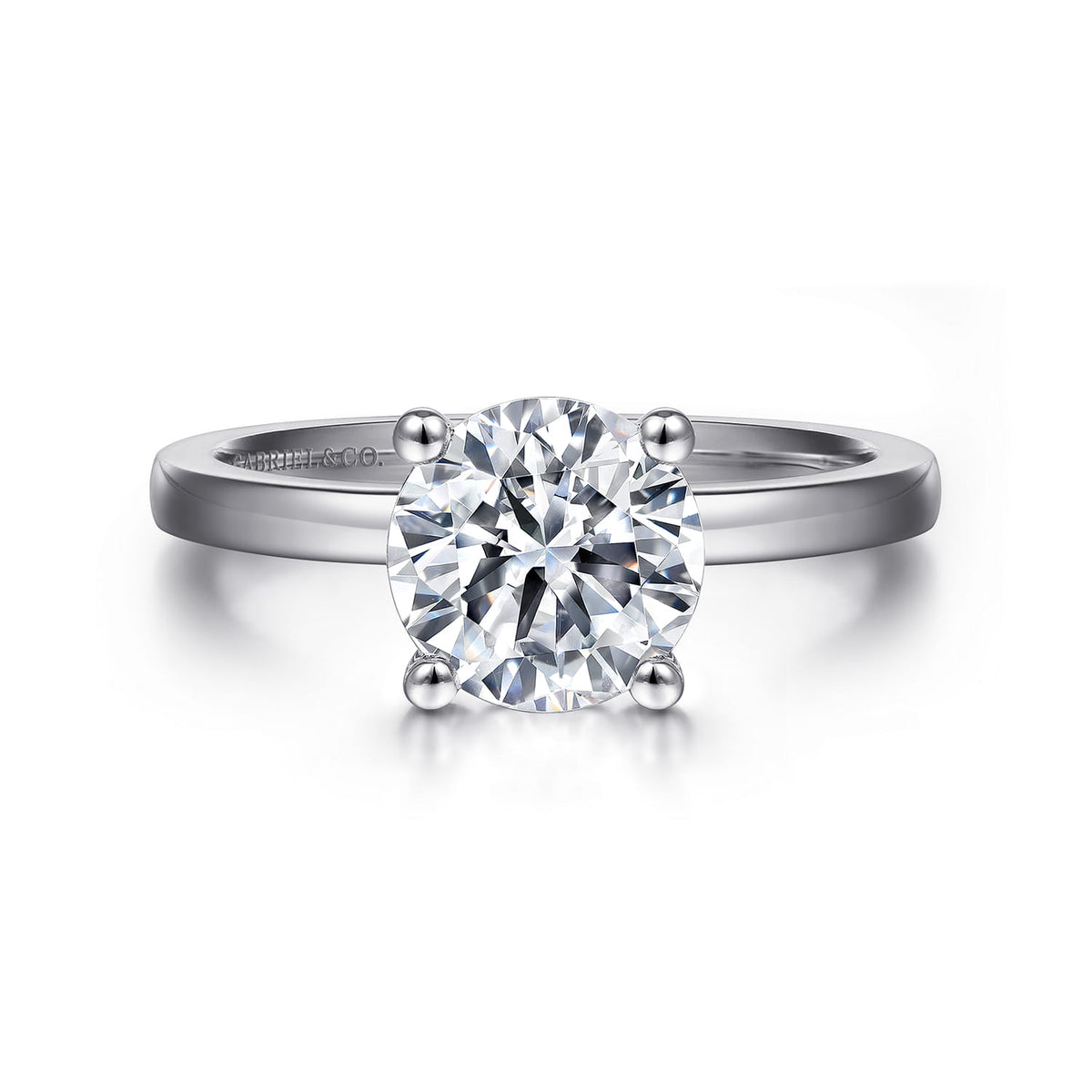 Platinum Round Diamond Solitaire Engagement Ring — Gabriel & Co. ER14982R8PTJJJ; center stone shown for illustration, not included