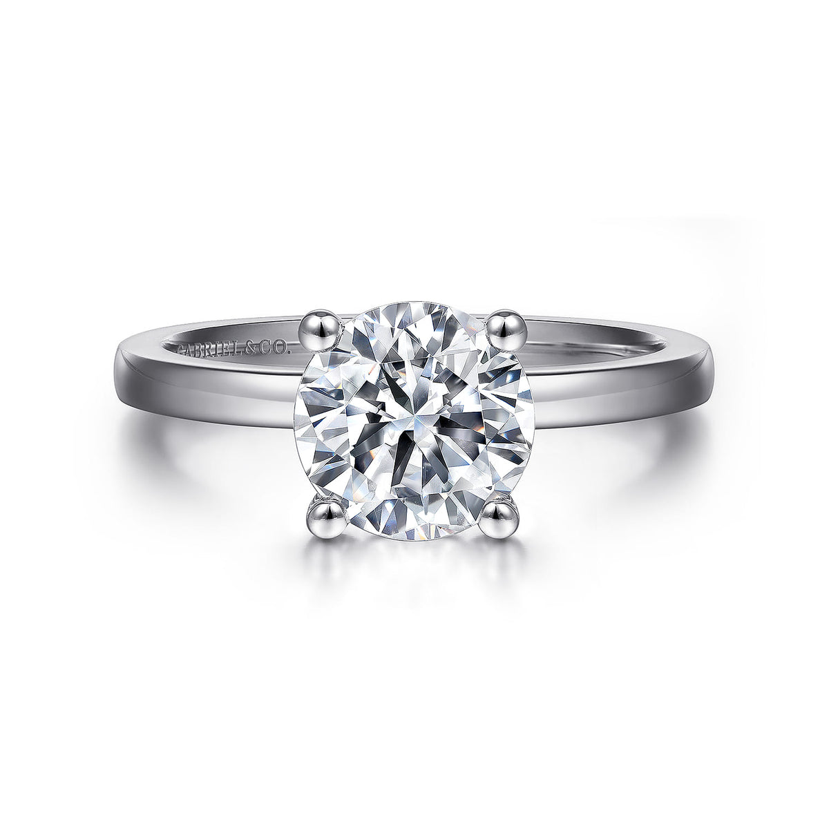 14K White Gold Round Diamond Engagement Ring — Gabriel & Co. ER14982R8W4JJJ; center stone shown for illustration, not included