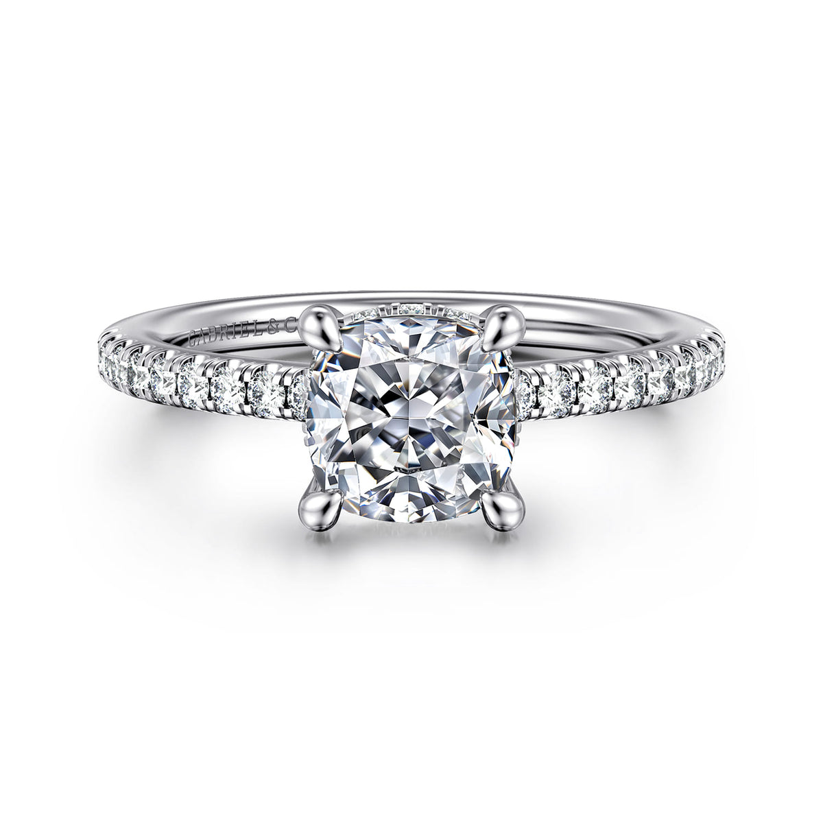 14K White Gold Cushion Cut Diamond Engagement Ring — ER14987C6W44JJ; center stone shown for illustration, not included
