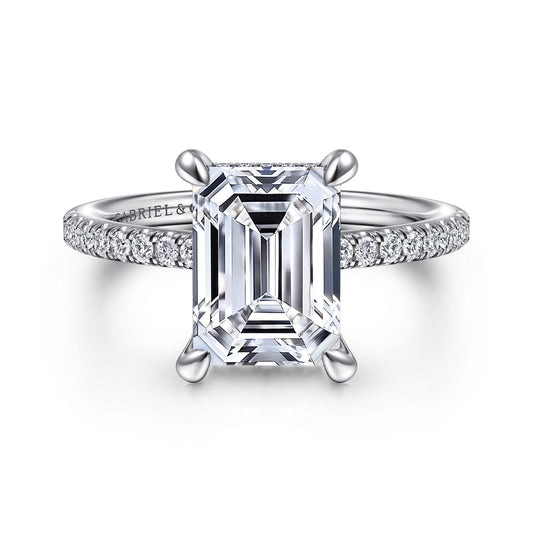 Platinum Emerald Cut Diamond Engagement Ring — Gabriel & Co. ER14987E12PT4JJ; center stone shown for illustration, not included
