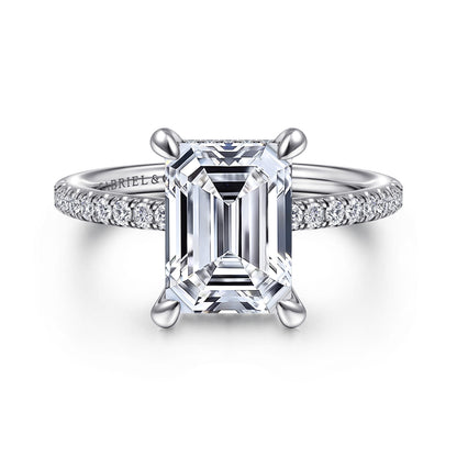 14K White Gold Emerald Cut Diamond Engagement Ring — Gabriel & Co. ER14987E12W44JJ; center stone shown for illustration, not included