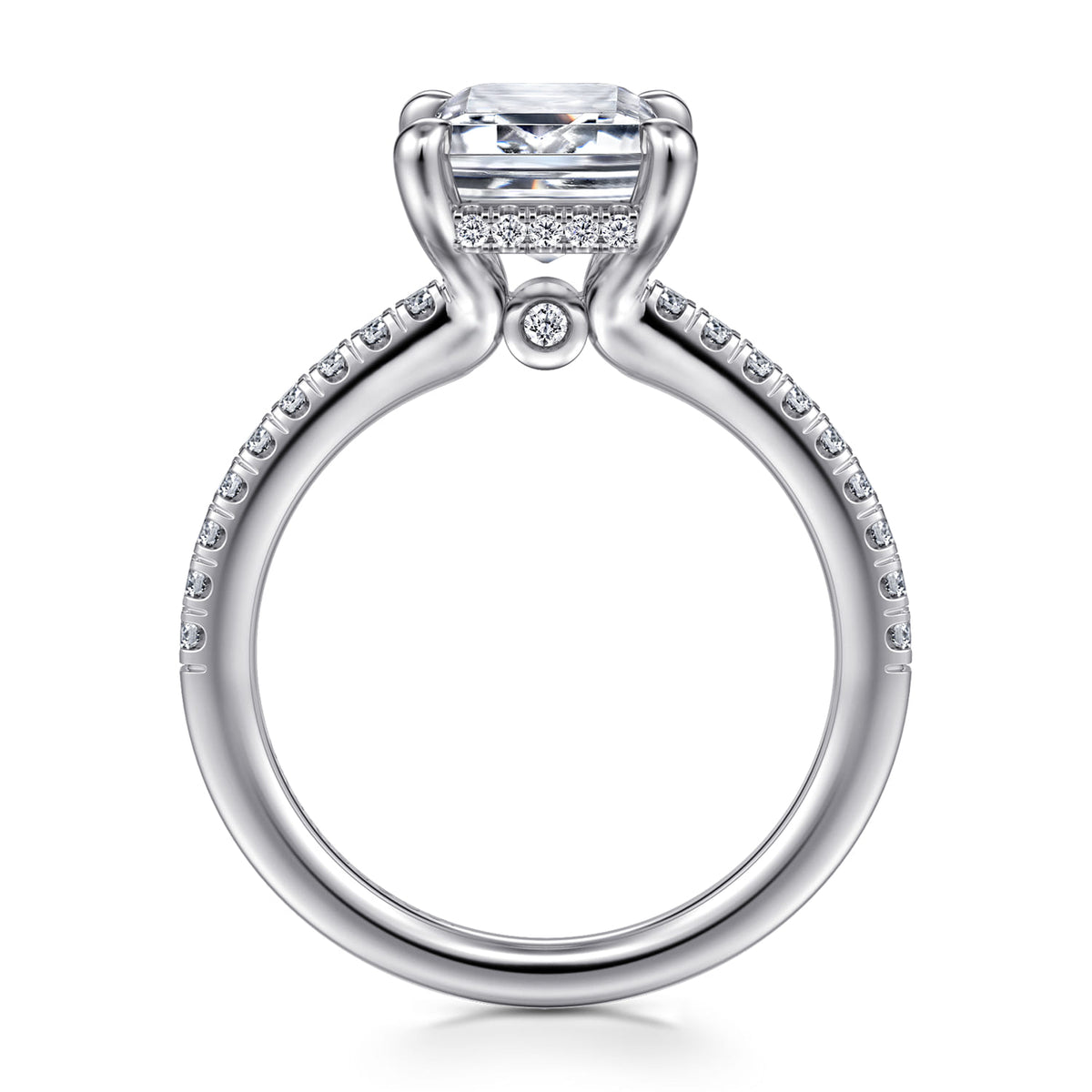 14K White Gold Emerald Cut Diamond Engagement Ring — Gabriel & Co. ER14987E12W44JJ; center stone shown for illustration, not included