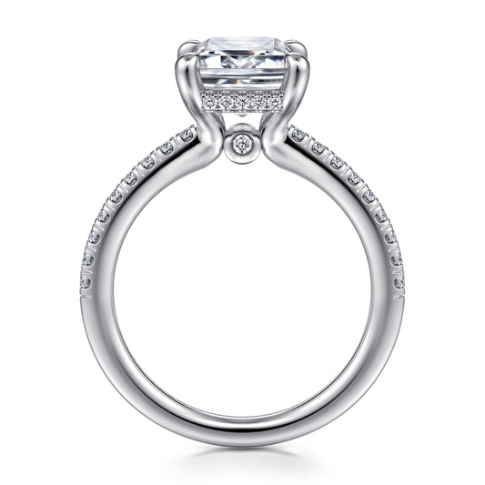 14K White Gold Emerald Cut Diamond Engagement Ring — Gabriel & Co. ER14987E12W44JJ; center stone shown for illustration, not included