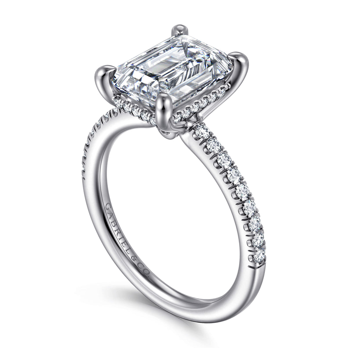14K White Gold Emerald Cut Diamond Engagement Ring — Gabriel & Co. ER14987E12W44JJ; center stone shown for illustration, not included