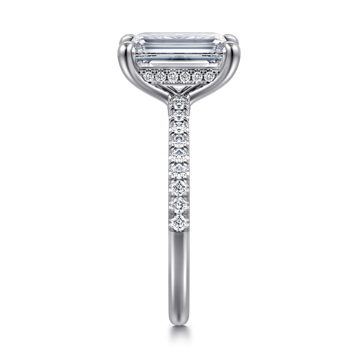 14K White Gold Emerald Cut Diamond Engagement Ring — Gabriel & Co. ER14987E12W44JJ; center stone shown for illustration, not included