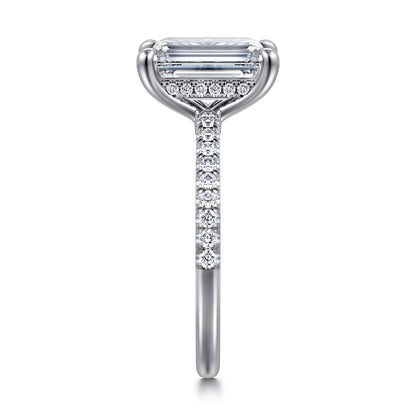 14K White Gold Emerald Cut Diamond Engagement Ring — Gabriel & Co. ER14987E12W44JJ; center stone shown for illustration, not included