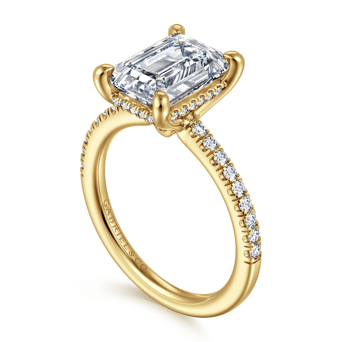 14K Yellow Gold Emerald Cut Diamond Engagement Ring — Gabriel & Co. ER14987E12Y44JJ; center stone shown for illustration, not included