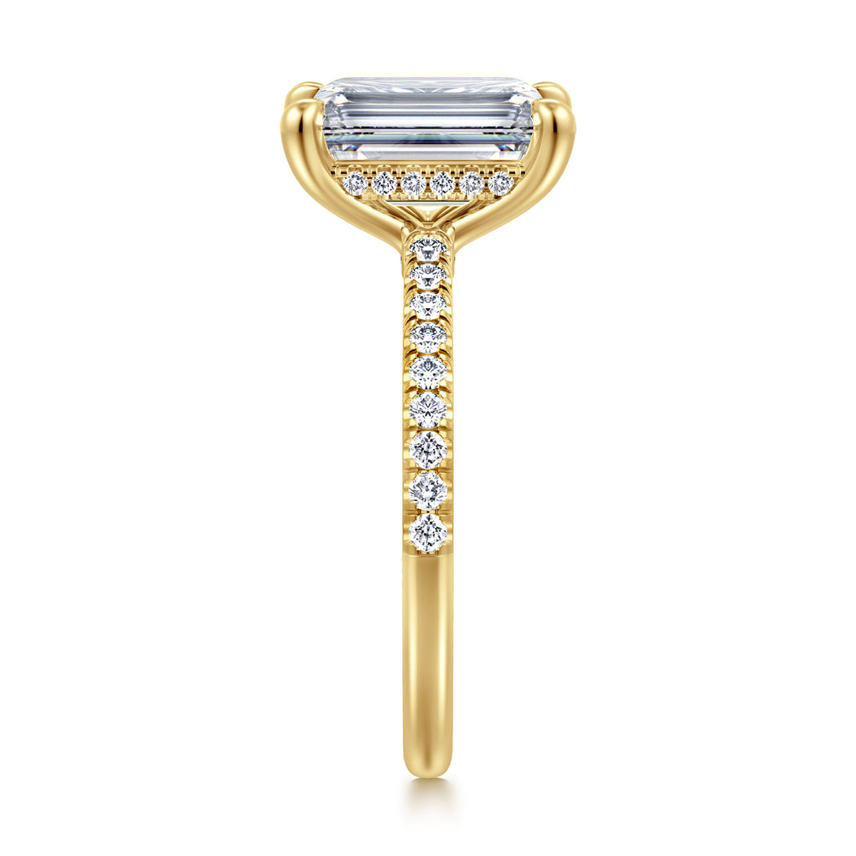 14K Yellow Gold Emerald Cut Diamond Engagement Ring — Gabriel & Co. ER14987E12Y44JJ; center stone shown for illustration, not included