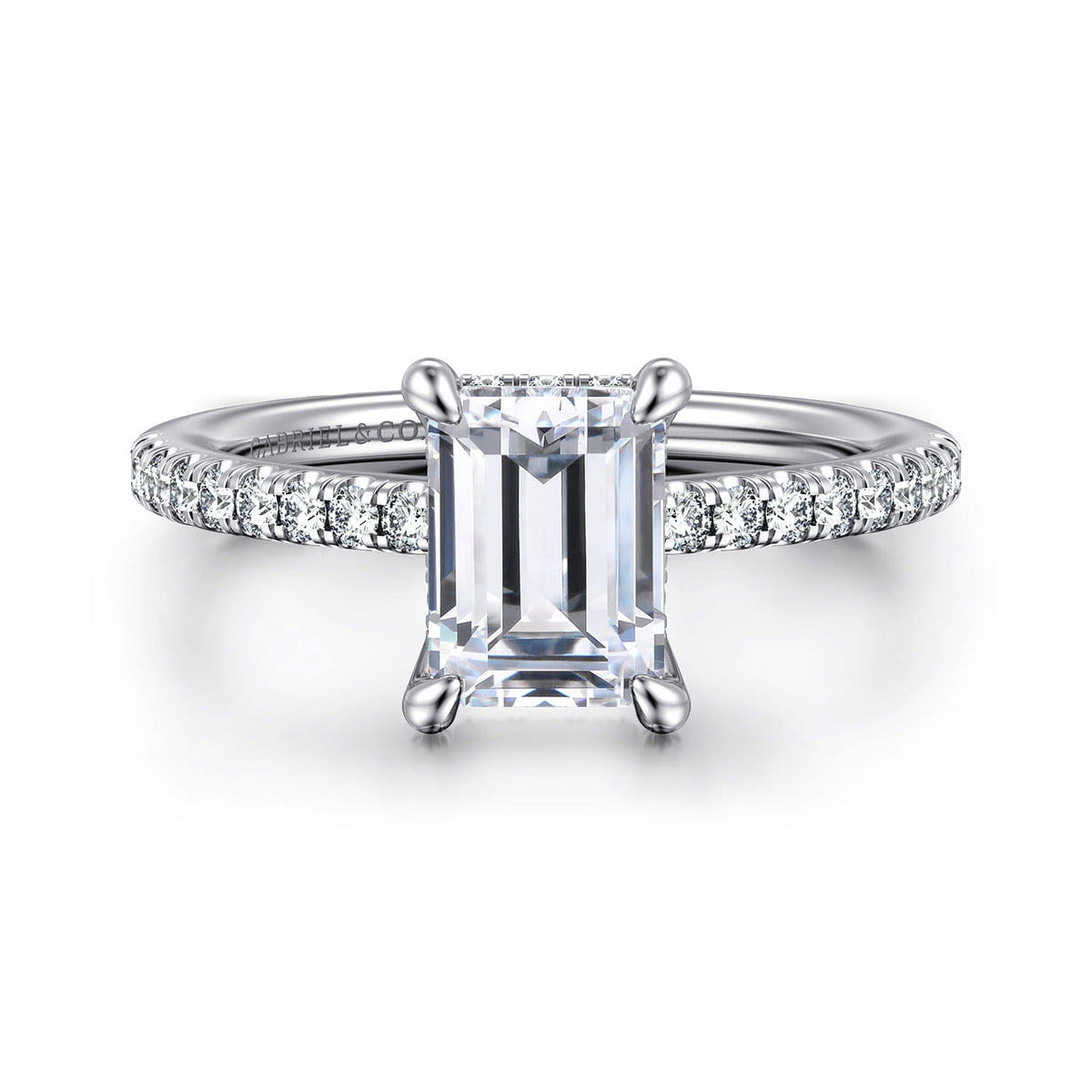 14K White Gold Emerald Cut Diamond Engagement Ring — ER14987E6W44JJ; center stone shown for illustration, not included