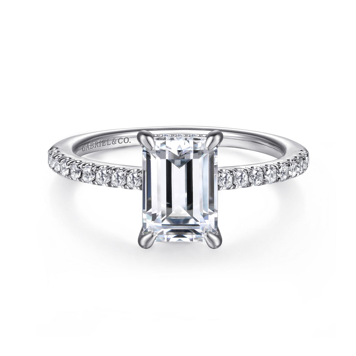 Platinum Emerald Cut Diamond Engagement Ring — Gabriel & Co. ER14987E8PT4JJ; center stone shown for illustration, not included