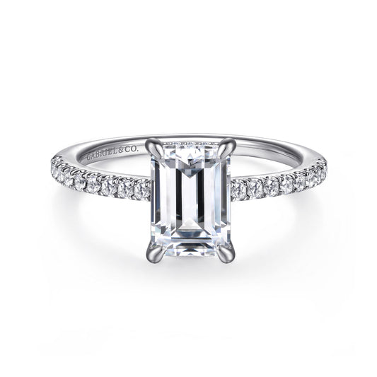 Platinum Emerald Cut Diamond Engagement Ring — Gabriel & Co. ER14987E8PT4JJ; center stone shown for illustration, not included