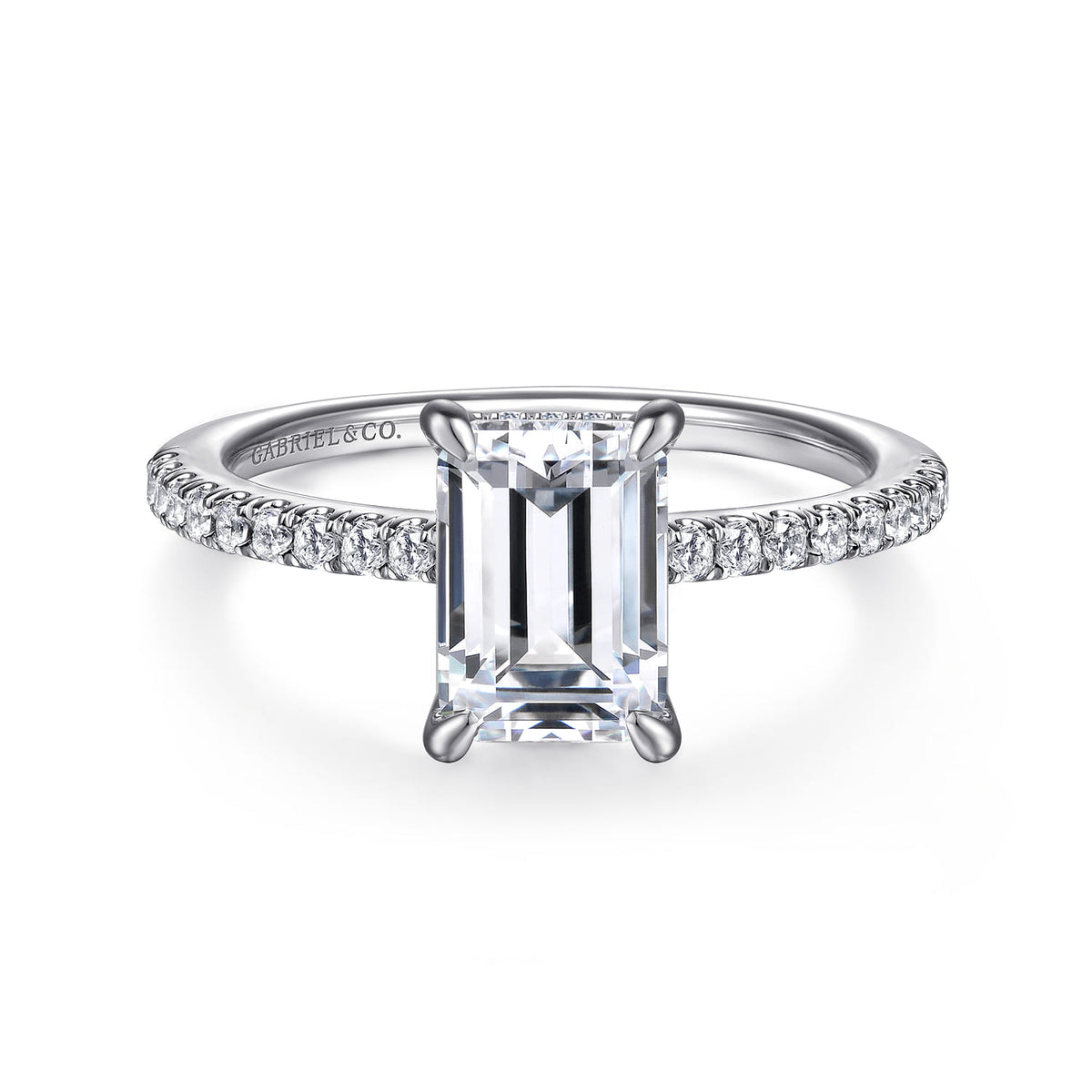 14K White Gold Emerald Cut Diamond Engagement Ring — Gabriel & Co. ER14987E8W44JJ; center stone shown for illustration, not included