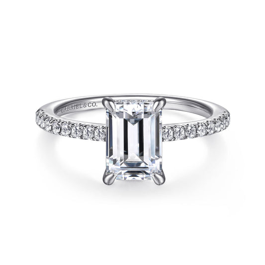 14K White Gold Emerald Cut Diamond Engagement Ring — Gabriel & Co. ER14987E8W44JJ; center stone shown for illustration, not included