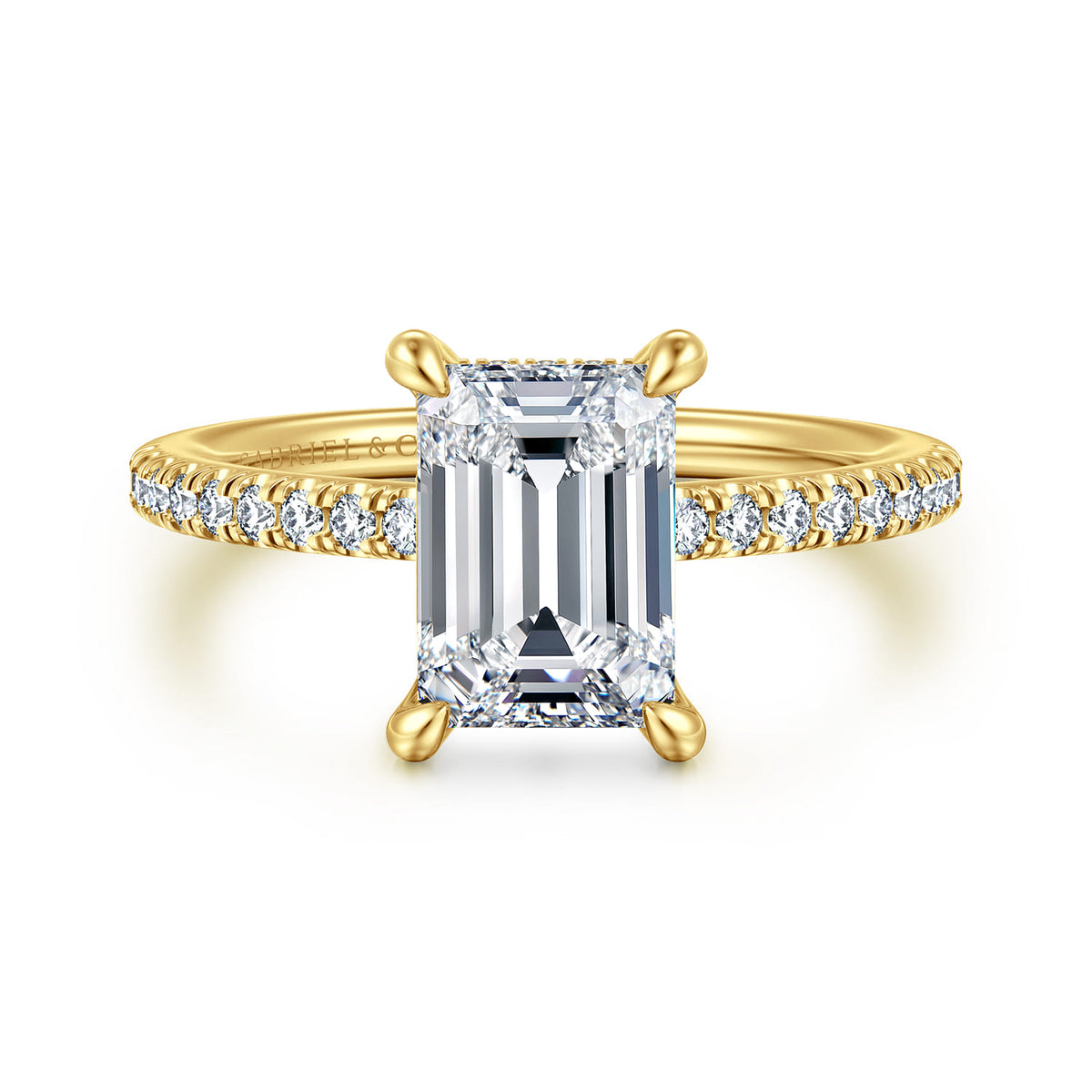 14K Yellow Gold Emerald Cut Diamond Engagement Ring — Gabriel & Co. ER14987E8Y44JJ; center stone shown for illustration, not included