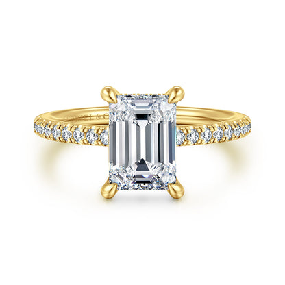 14K Yellow Gold Emerald Cut Diamond Engagement Ring — Gabriel & Co. ER14987E8Y44JJ; center stone shown for illustration, not included