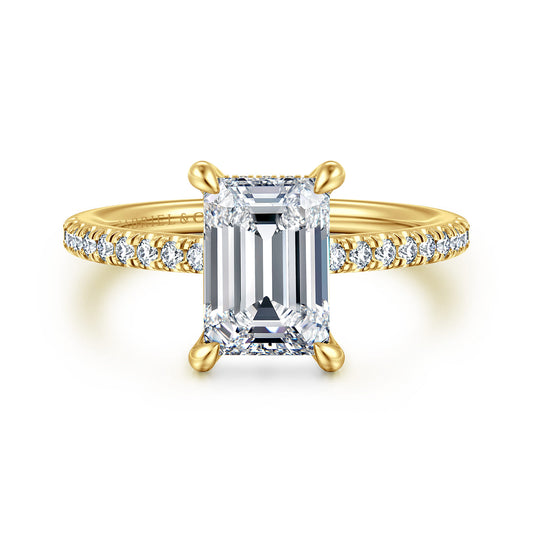 14K Yellow Gold Emerald Cut Diamond Engagement Ring — Gabriel & Co. ER14987E8Y44JJ; center stone shown for illustration, not included