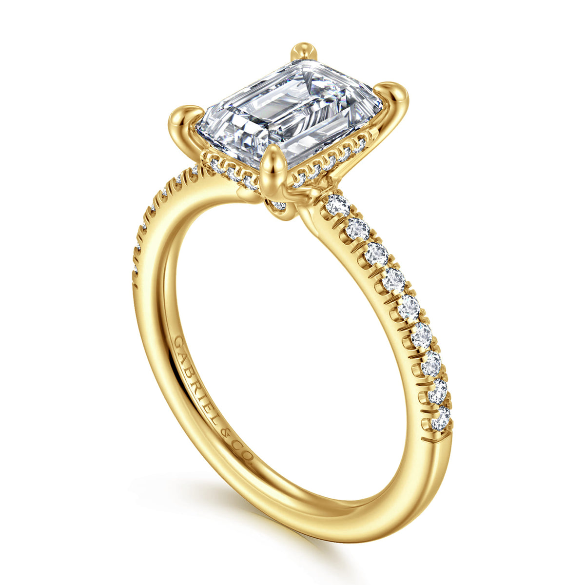 14K Yellow Gold Emerald Cut Diamond Engagement Ring — Gabriel & Co. ER14987E8Y44JJ; center stone shown for illustration, not included