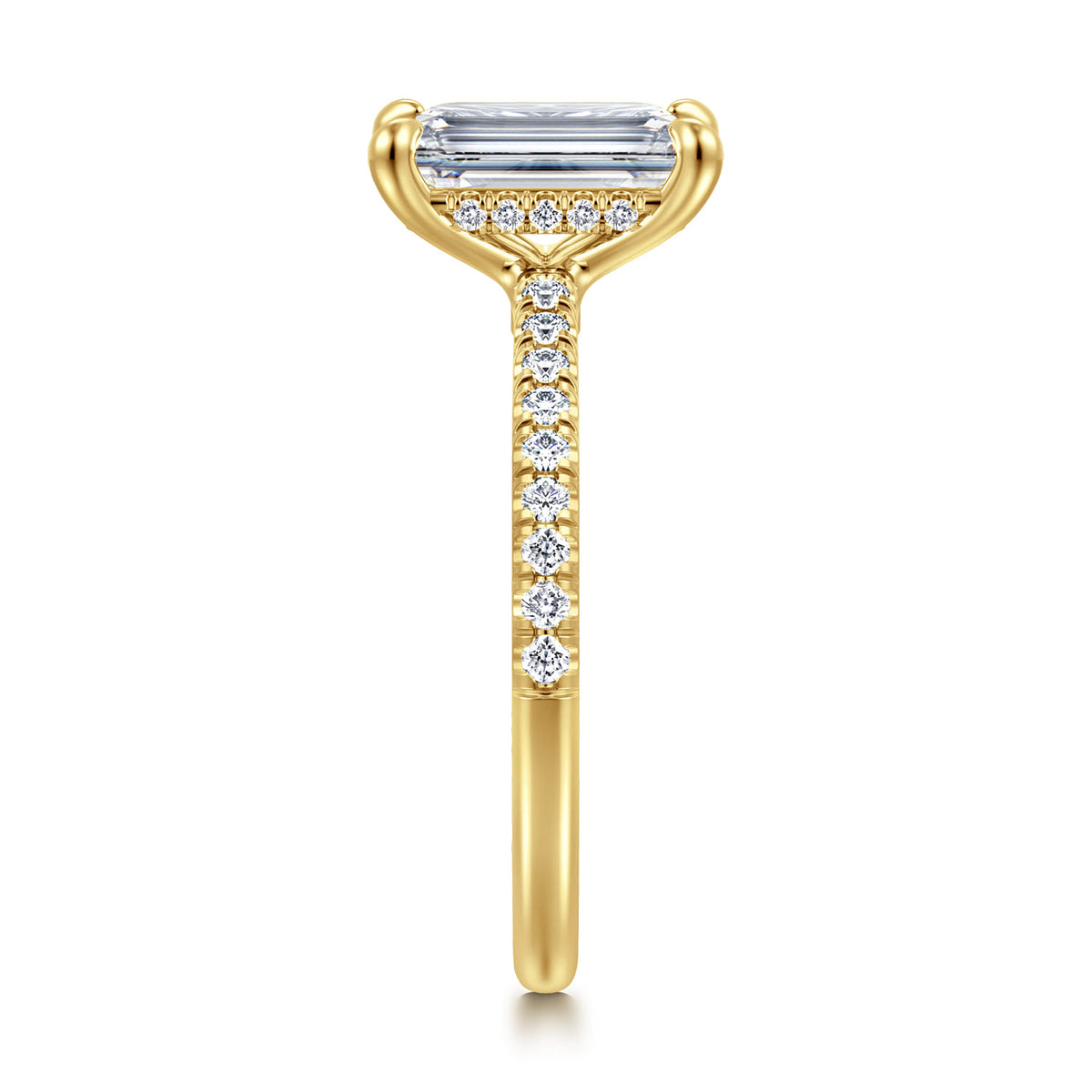 14K Yellow Gold Emerald Cut Diamond Engagement Ring — Gabriel & Co. ER14987E8Y44JJ; center stone shown for illustration, not included