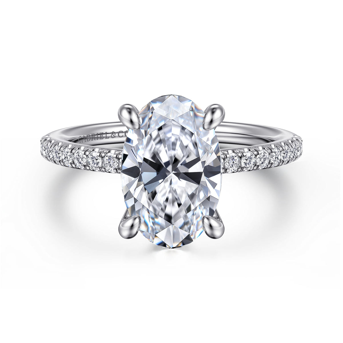 Platinum Oval Diamond Engagement Ring — Gabriel & Co. ER14987O12PT4JJ; center stone shown for illustration, not included