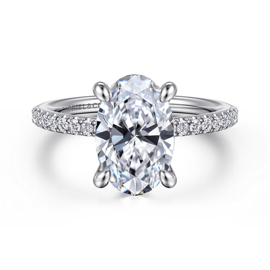 Platinum Oval Diamond Engagement Ring — Gabriel & Co. ER14987O12PT4JJ; center stone shown for illustration, not included