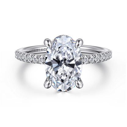 14K White Gold Oval Diamond Engagement Ring — Gabriel & Co. ER14987O12W44JJ; center stone shown for illustration, not included
