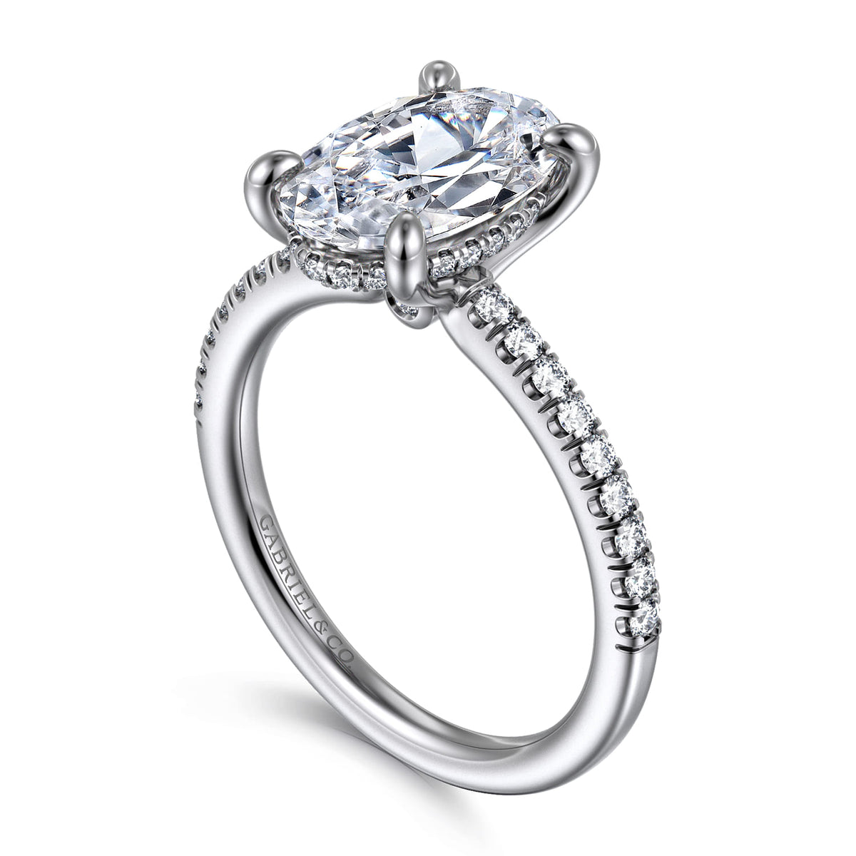14K White Gold Oval Diamond Engagement Ring — Gabriel & Co. ER14987O12W44JJ; center stone shown for illustration, not included