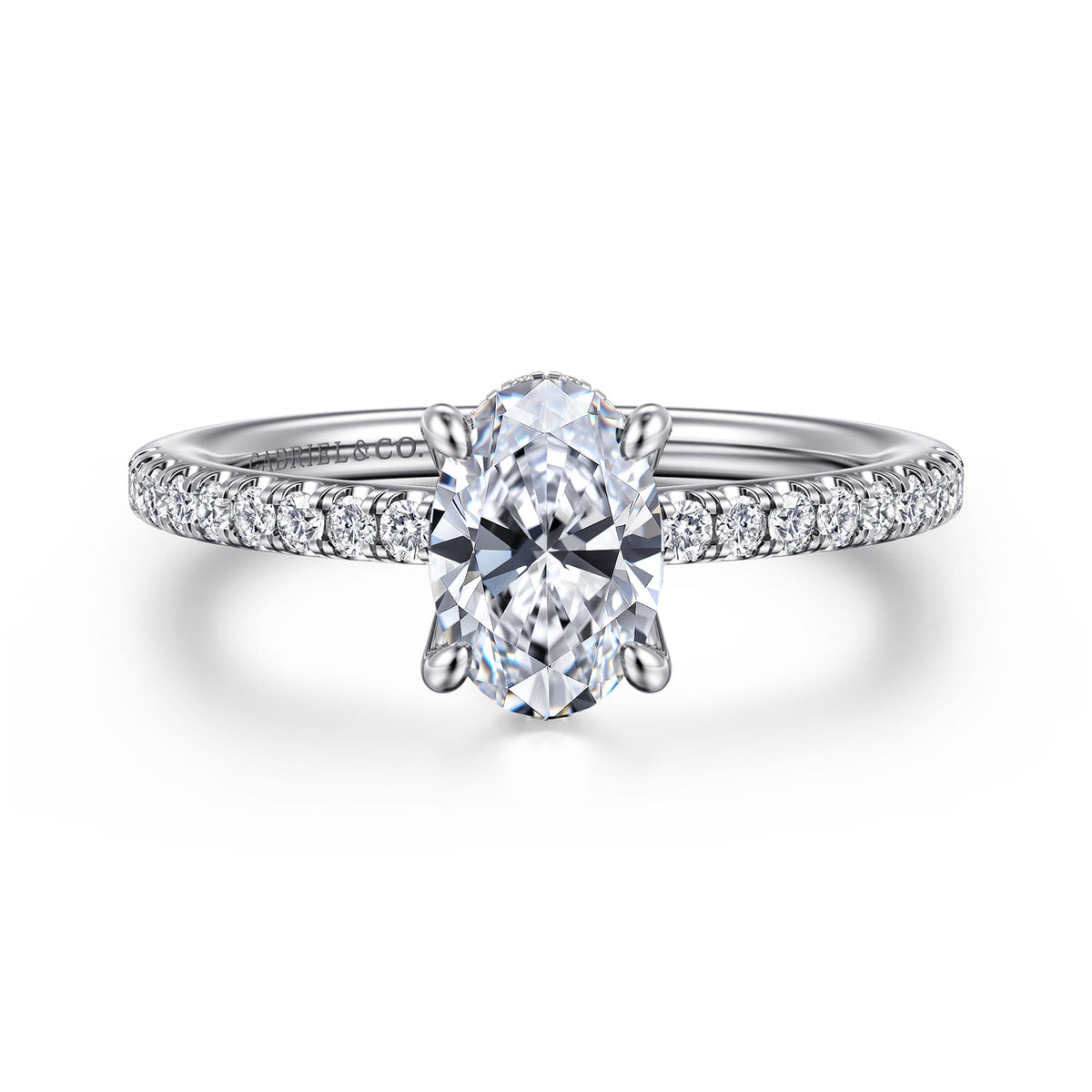 Platinum Oval Diamond Engagement Ring — Gabriel & Co. ER14987O4PT4JJ; center stone shown for illustration, not included
