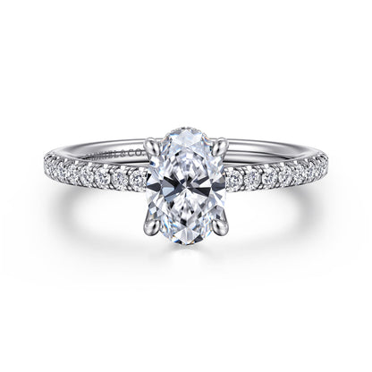 14K White Gold Oval Diamond Engagement Ring — Gabriel & Co. ER14987O4W44JJ; center stone shown for illustration, not included