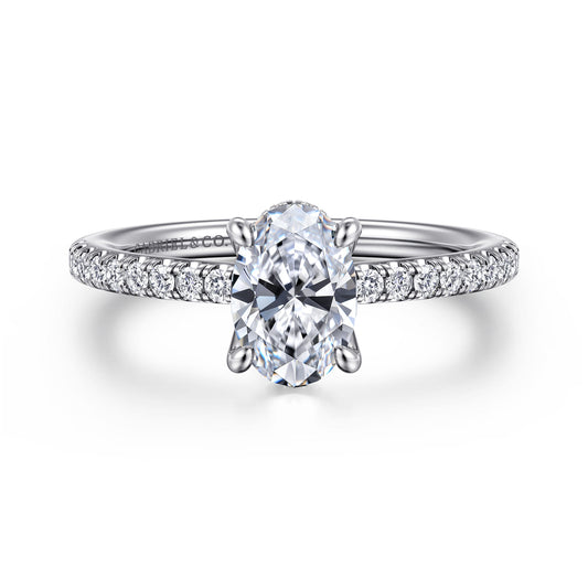 14K White Gold Oval Diamond Engagement Ring — Gabriel & Co. ER14987O4W44JJ; center stone shown for illustration, not included