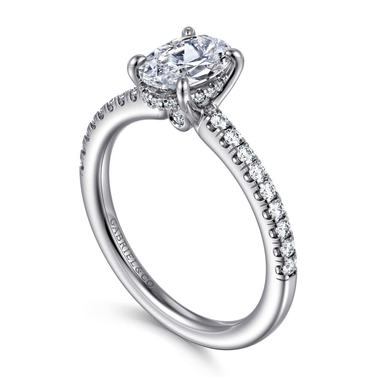 14K White Gold Oval Diamond Engagement Ring — Gabriel & Co. ER14987O4W44JJ; center stone shown for illustration, not included