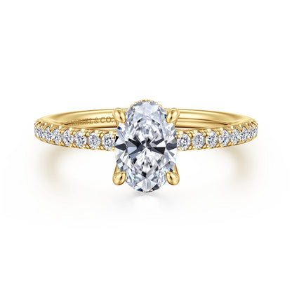 14K Yellow Gold Oval Diamond Engagement Ring — Gabriel & Co. ER14987O4Y44JJ; center stone shown for illustration, not included