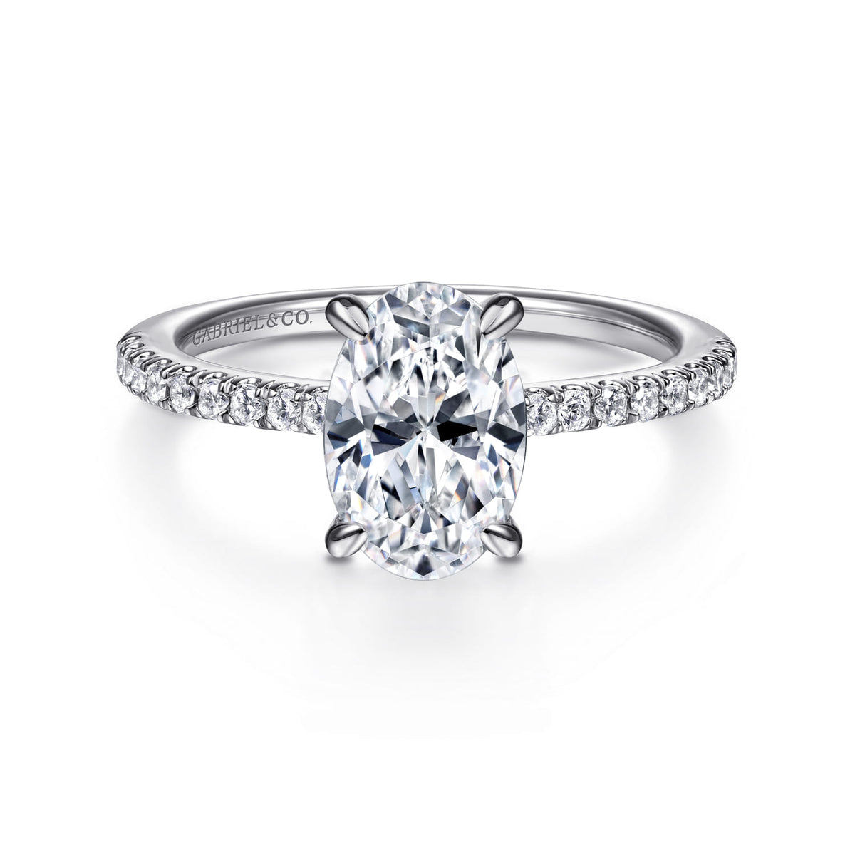 Platinum Oval Diamond Engagement Ring — Gabriel & Co. ER14987O8PT4JJ; center stone shown for illustration, not included