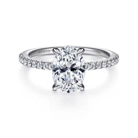 Platinum Oval Diamond Engagement Ring — Gabriel & Co. ER14987O8PT4JJ; center stone shown for illustration, not included
