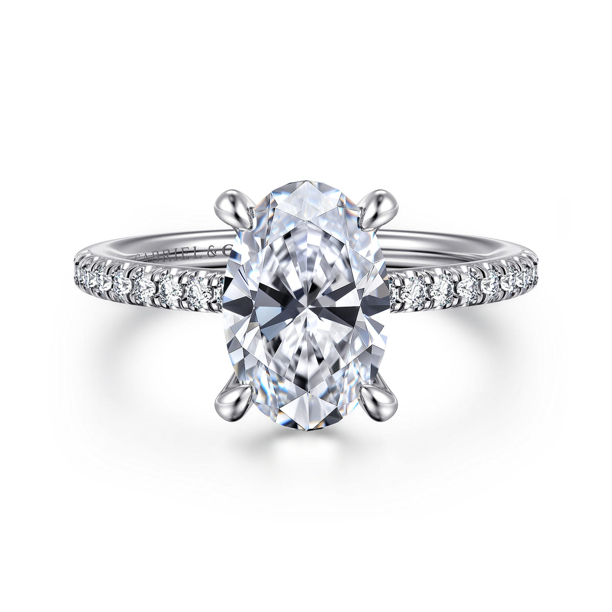 14K White Gold Oval Diamond Engagement Ring — Gabriel & Co. ER14987O8W44JJ; center stone shown for illustration, not included