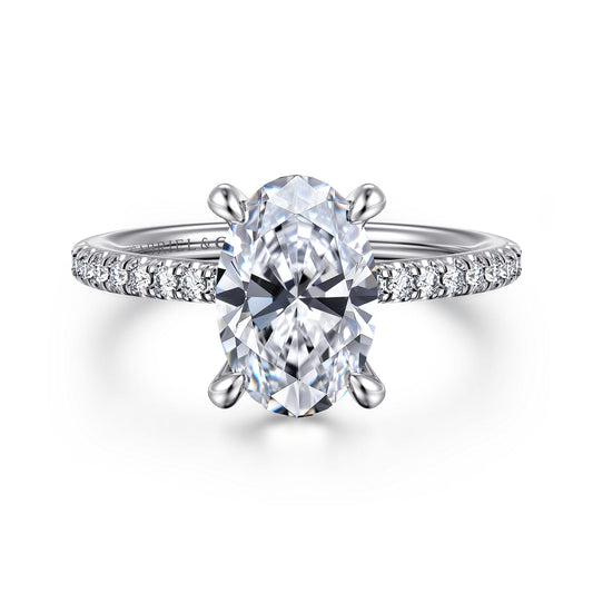14K White Gold Oval Diamond Engagement Ring — Gabriel & Co. ER14987O8W44JJ; center stone shown for illustration, not included