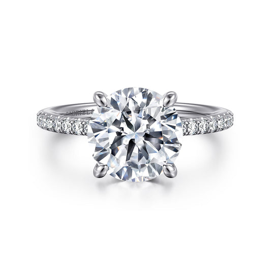 Platinum Round Diamond Engagement Ring — Gabriel & Co. ER14987R12PT4JJ; center stone shown for illustration, not included