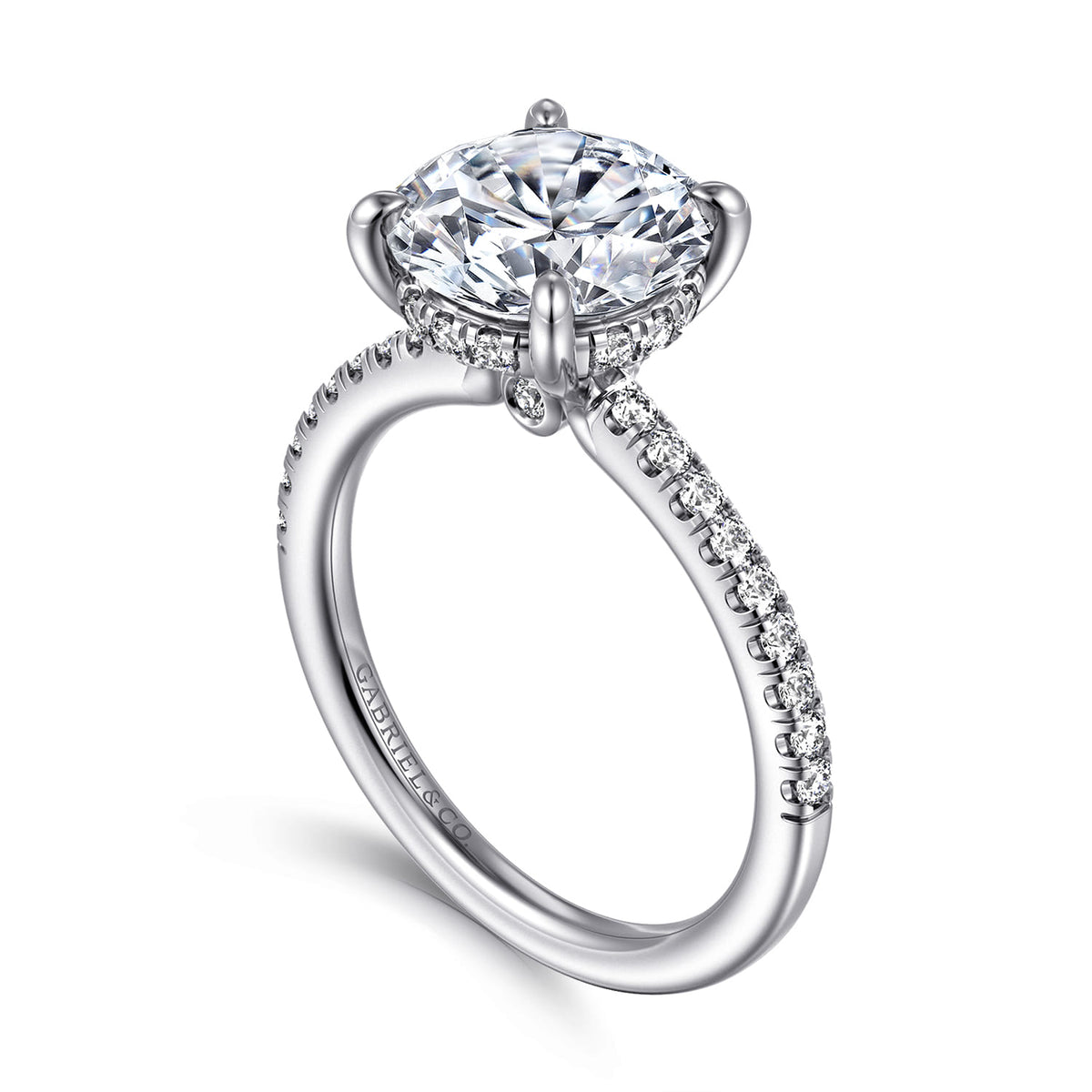 14K White Gold Round Diamond Engagement Ring — Gabriel & Co. ER14987R12W44JJ; center stone shown for illustration, not included