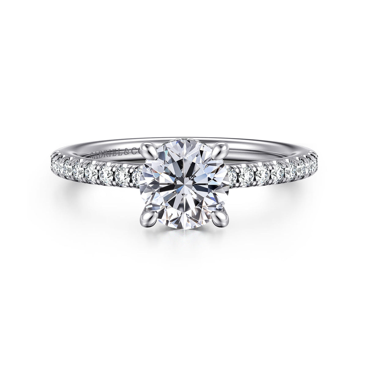 Platinum Round Diamond Engagement Ring — Gabriel & Co. ER14987R4PT4JJ; center stone shown for illustration, not included