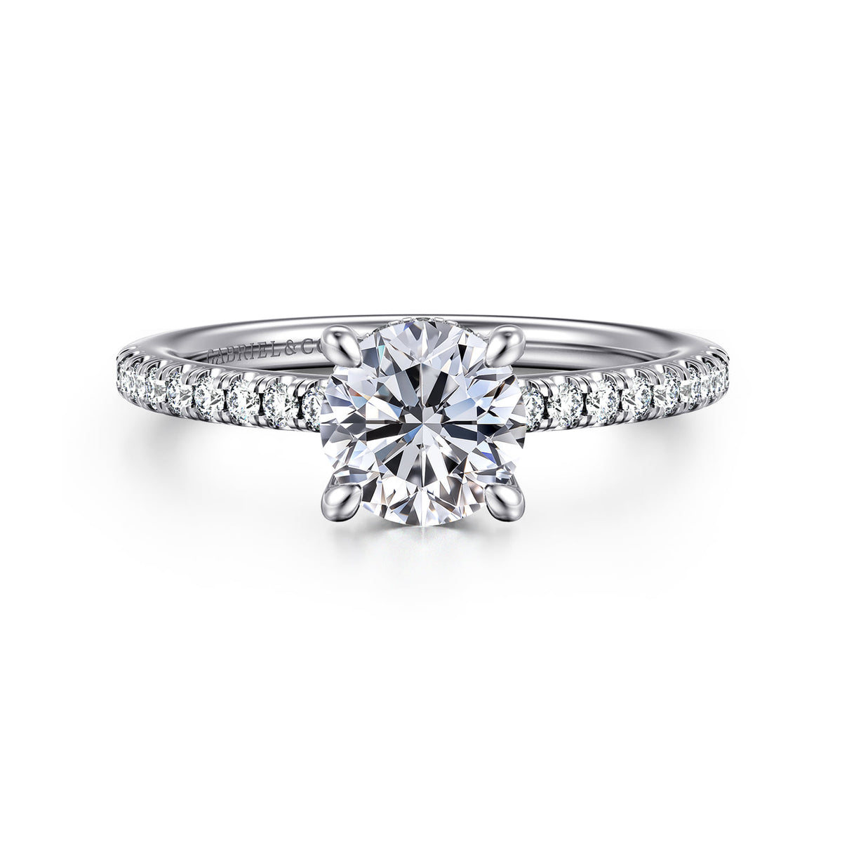 14K White Gold Round Diamond Engagement Ring — Gabriel & Co. ER14987R4W44JJ; center stone shown for illustration, not included