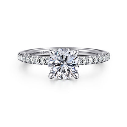 14K White Gold Round Diamond Engagement Ring — Gabriel & Co. ER14987R4W44JJ; center stone shown for illustration, not included