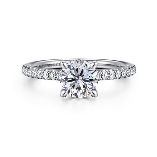 14K White Gold Round Diamond Engagement Ring — Gabriel & Co. ER14987R4W44JJ; center stone shown for illustration, not included