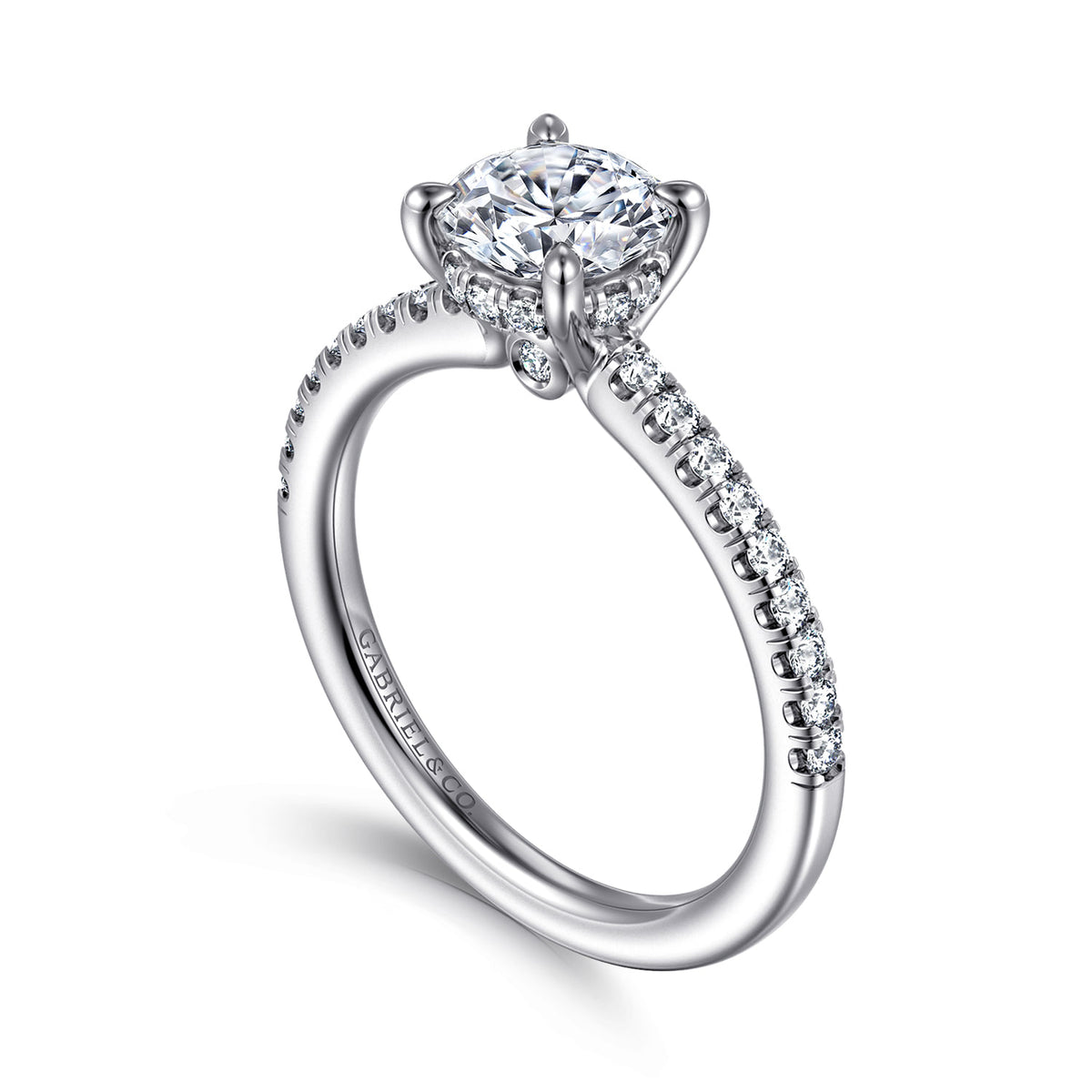 14K White Gold Round Diamond Engagement Ring — Gabriel & Co. ER14987R4W44JJ; center stone shown for illustration, not included