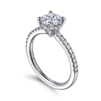 14K White Gold Round Diamond Engagement Ring — Gabriel & Co. ER14987R4W44JJ; center stone shown for illustration, not included