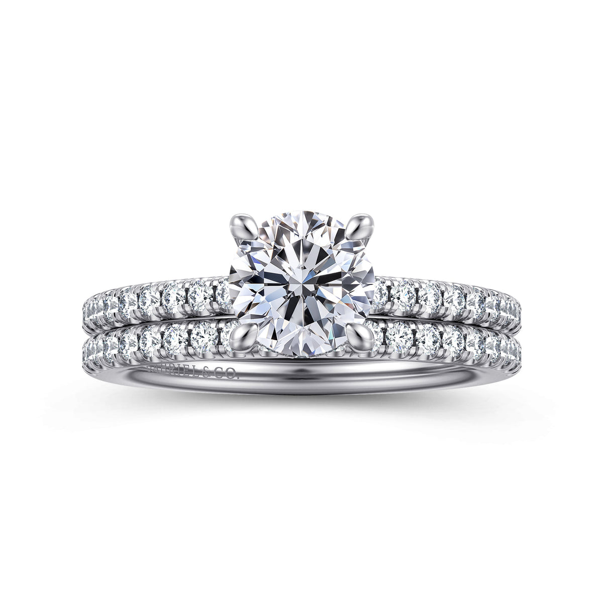 14K White Gold Round Diamond Engagement Ring — Gabriel & Co. ER14987R4W44JJ; center stone shown for illustration, not included