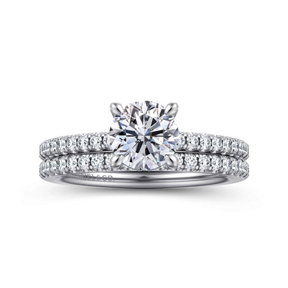14K White Gold Round Diamond Engagement Ring — Gabriel & Co. ER14987R4W44JJ; center stone shown for illustration, not included