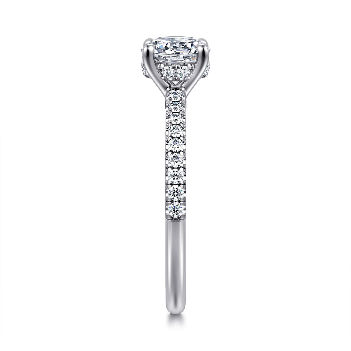 14K White Gold Round Diamond Engagement Ring — Gabriel & Co. ER14987R4W44JJ; center stone shown for illustration, not included